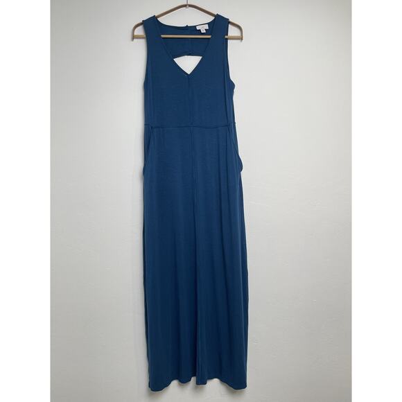 J Jill Dress Womens SP Blue Maxi Tank Keyhole Button Back Sun Dress Stretch - Picture 1 of 11